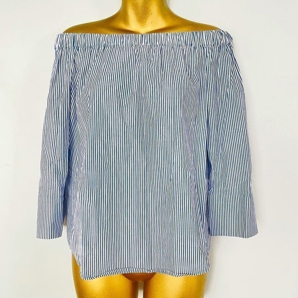 New Zara vertical stipe off the shoulder top blue white - Picture 1 of 5